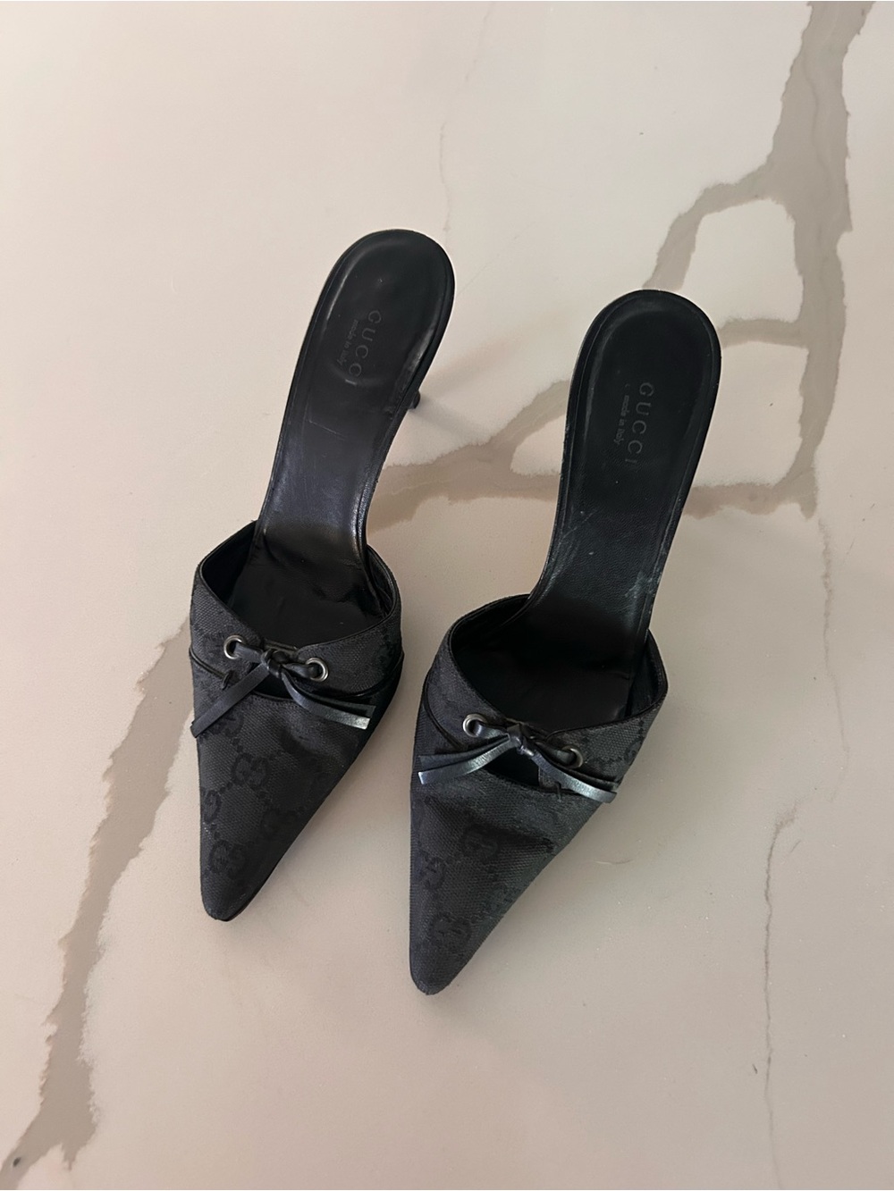 Gucci Black GG Monogram Pointed Bow Mule Heels